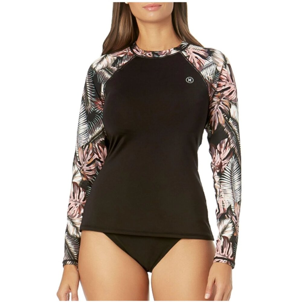 Hurley Women's Long Sleeve Rashguard Shirt Top Pull Over Brown Floral Medium NWT